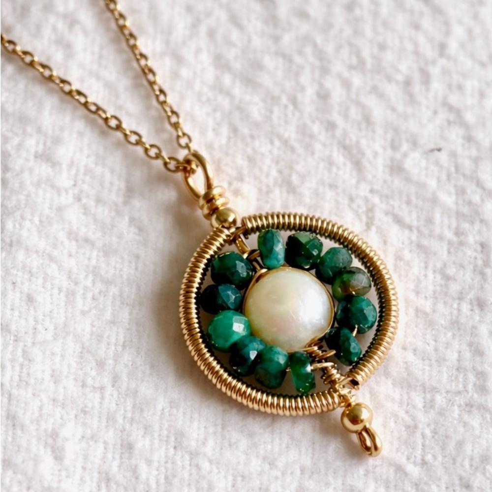 Emerald & Pearl Coiled Wire Wrapped Talisman Pendant Necklace - Artisan Crafted